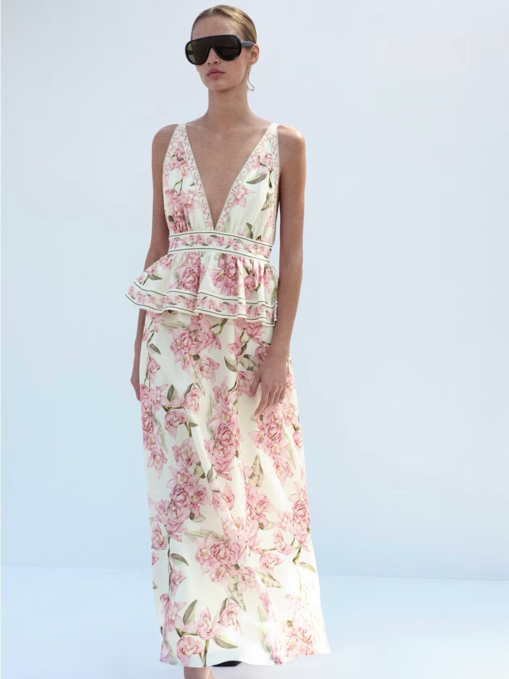 H&M NWT CREAM, PINK FLORAL LINEN-BLEND PEPLUM DRESS SIZE XS